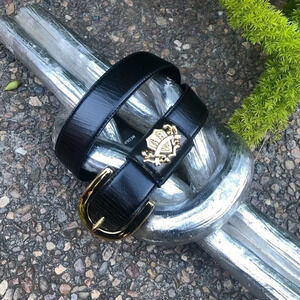 Cipriani Vintage Black Glazed Cowhide on PVC Gold Crest Accent Fashion Belt